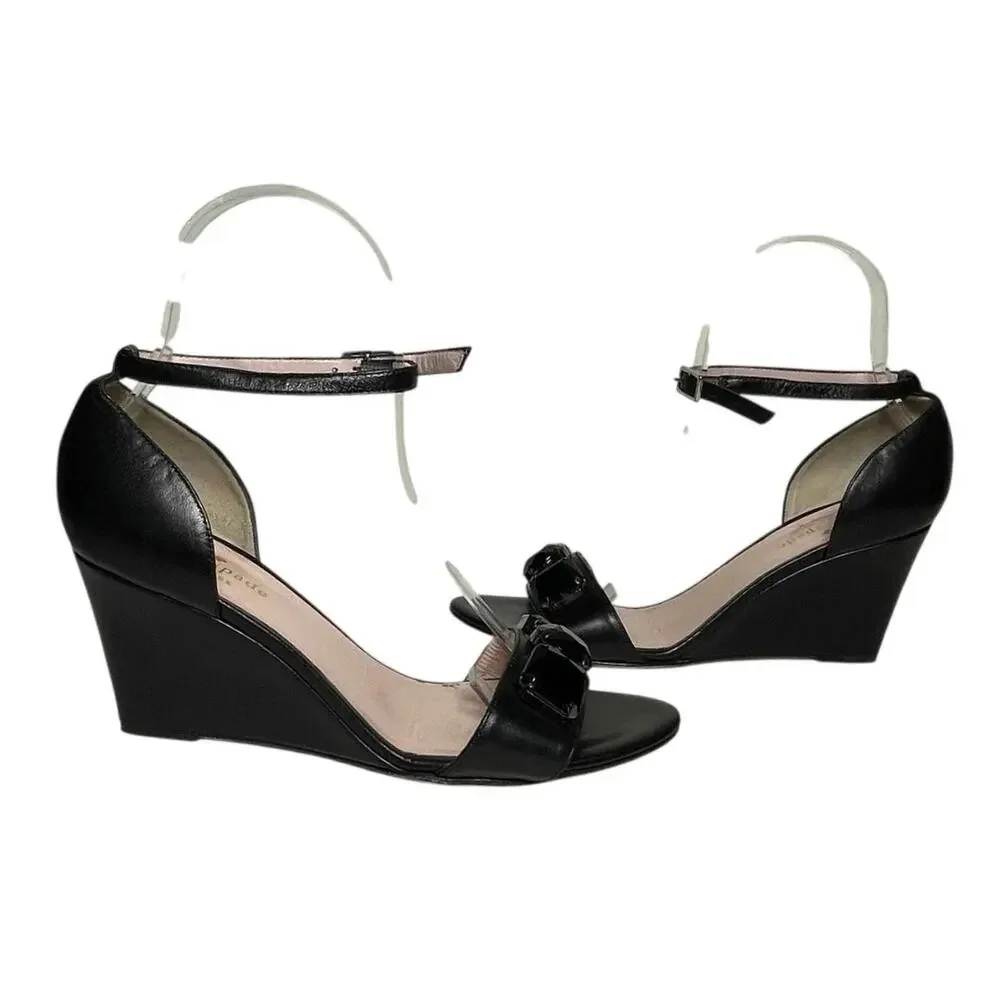 KATE SPADE Women’s Black Leather Bejeweled Ankle Strap Wedge Shoes
